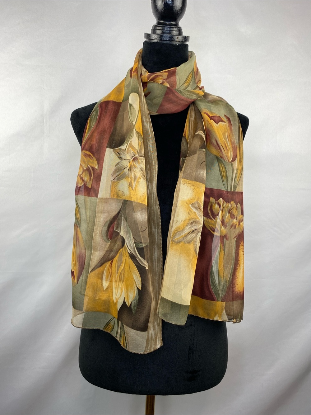 Vintage Inspired Sheer Tulip Print Watercolor Floral Scarf Wrap Shawl 65”X 19”